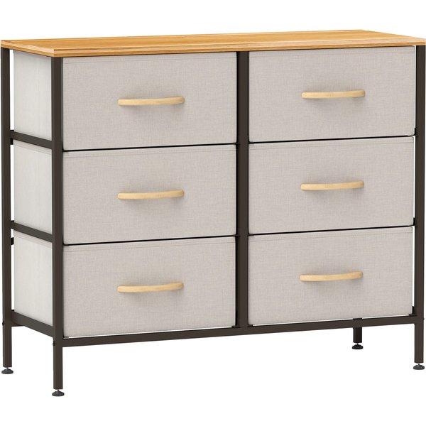 HOMCOM Fabric Chest of Drawers, Industrial Bedroom Dresser with 6 Fabric Drawers, Steel Frame and Wooden Top for Nursery, Living Room, Hallway, Cream White | Aosom Ireland