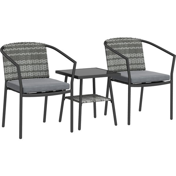 Outsunny 3 Pieces Rattan Bistro Set with Cushions, Wicker Garden Furniture Set, Glass Top Coffee Table and Chairs for Outdoor Patio, Balcony, Terrace and Conservatory, Grey | Aosom Ireland