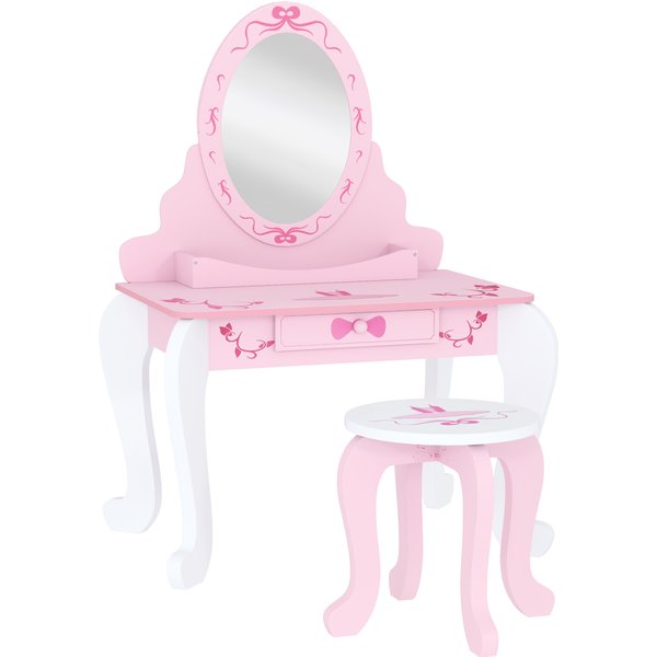 AIYAPLAY Kids Dressing Table Set, Vanity Table with Stool, Mirror, Drawer, Desktop, Storage, Ballet-Theme, Pink | Aosom Ireland