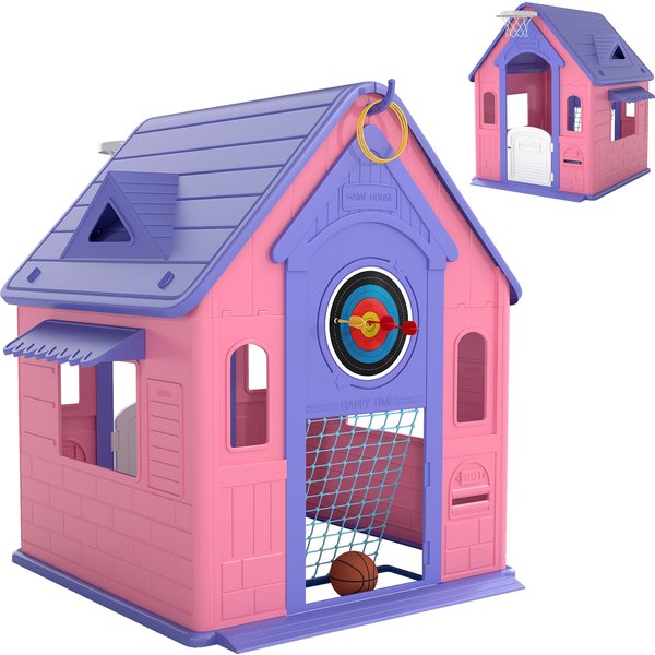 AIYAPLAY 5-in-1 Playhouse for Kids Outdoor Indoor with Basketball Hoop, Football Goal, Dartboard, Ring Toss for 2-5 Years, Pink | Aosom Ireland