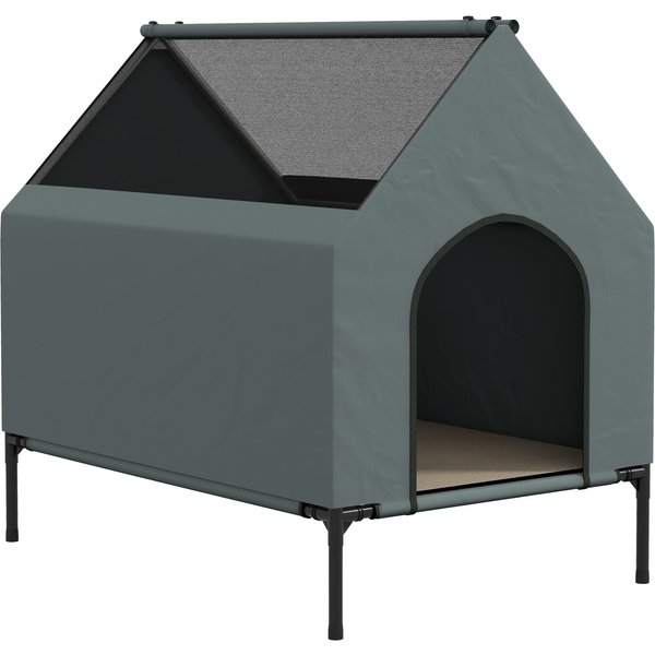 PawHut Dog House Outdoor Elevated Dog Bed with Removable Cover, Mesh Windows, Storage Bag, for S and M-Sized Dogs, Grey | Aosom Ireland