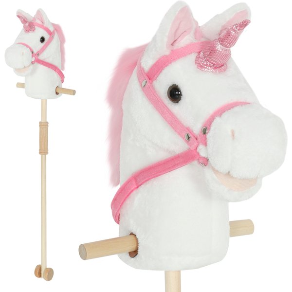 AIYAPLAY Unicorn Stick Horse with Wood Wheels, Real Pony Neighing and Galloping Sounds, Grip Handle, 95 cm, White | Aosom Ireland