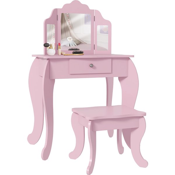 HOMCOM Kids Vanity Table and Chair Set with Tri-Folding Mirror and Stool, Makeup Dressing Table with Drawer, Pink | Aosom Ireland