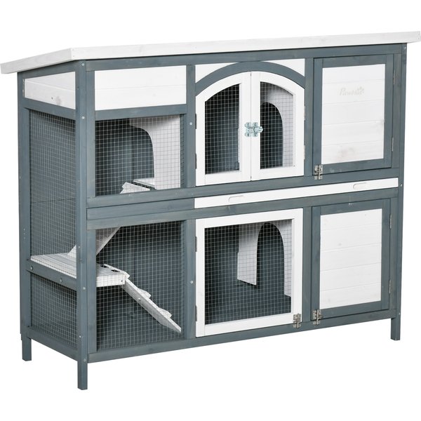 PawHut Rabbit Hutch Outdoor Guinea Pig Hutch 2 Tier Wooden Cage w/ Ramp, Divider, Openable Roof, 125 x 48 x 100cm - Grey | Aosom Ireland