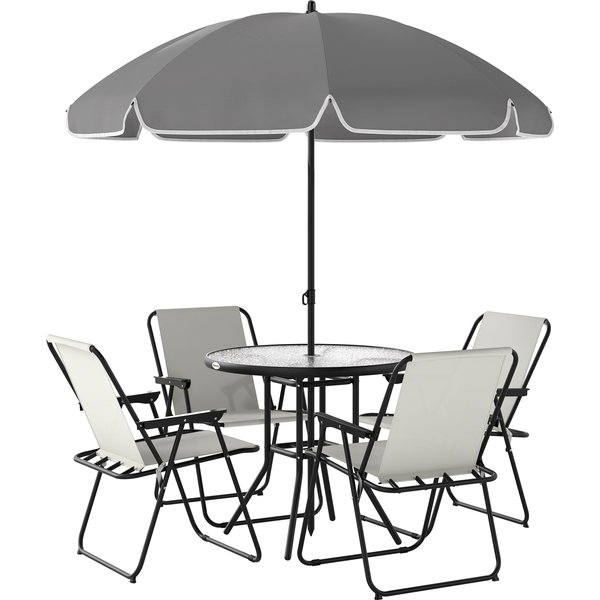 Outsunny 4 Seater Garden Furniture Set, 6 Pieces Garden Table and Chairs with Parasol, Outdoor Garden Dining Set with Folding Chairs and Round Glass Top Table for Patio, Cream White | Aosom Ireland
