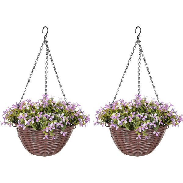 HOMCOM Artificial Flowers in Basket Set of 2, Artificial Hanging Baskets with 75 Leaves and 15 Flowers in Pot, Decorative Plant for Home Office Decor, Purple | Aosom Ireland