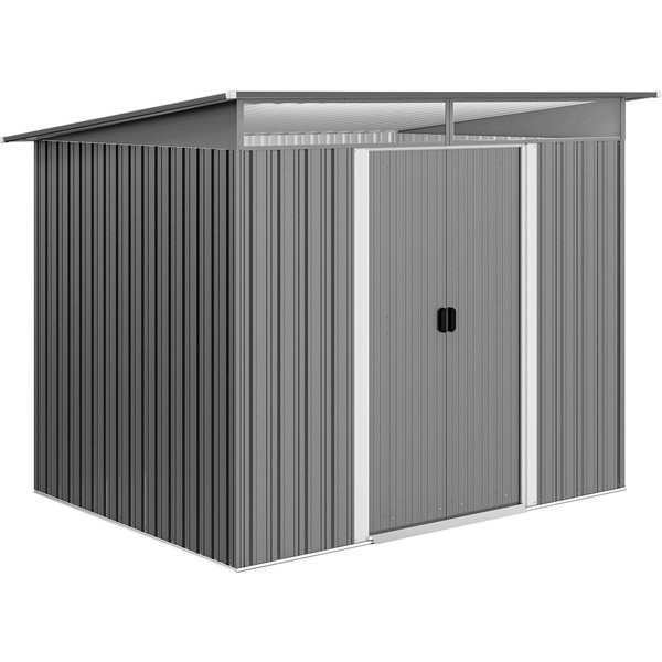 Outsunny 9ft x 6.5ft Garden Storage Shed with Top Window, Metal Outdoor Shed Tool House with Double Doors, Light Grey | Aosom Ireland