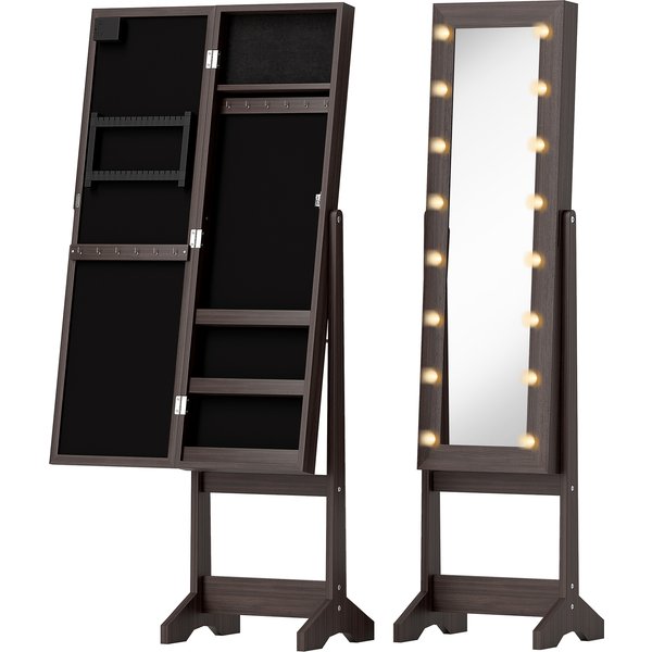HOMCOM Freestanding Mirrored Jewellery Storage Cabinet - Dark Brown | Aosom Ireland