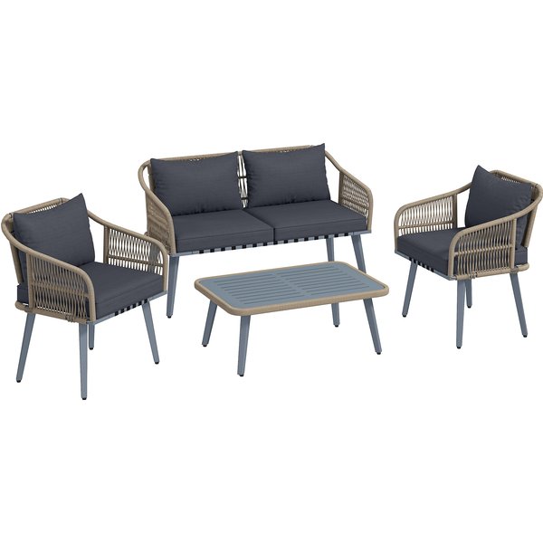 Outsunny 4 Piece Rattan Garden Furniture Set with Loveseat, Armchairs, Wood Table, Wicker Patio Conversation Set, Grey | Aosom Ireland