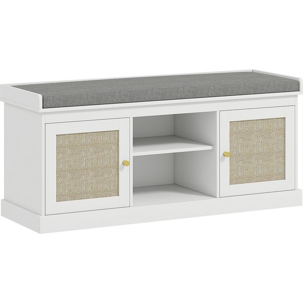 HOMCOM Boho Shoe Storage Bench with Padded Cushion and Rattan Doors - White | Aosom Ireland