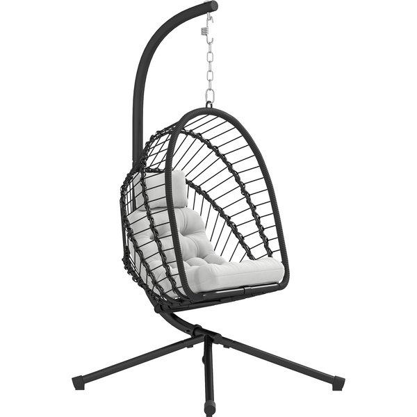 Outsunny Outdoor PE Rattan Swing Chair with Foldable Basket and Cushion, Garden Patio Hanging Egg Chair with Metal Stand, Headrest for Indoor and Outdoor, Black | Aosom Ireland