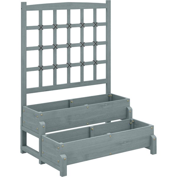 Outsunny 2-Tier Raised Garden Bed with Trellis, Wooden Elevated Planter Box with Drainage Holes, Outdoor Raised Planter for Climbing Plants, Fruits, Vegetables, Flowers, Grey | Aosom Ireland