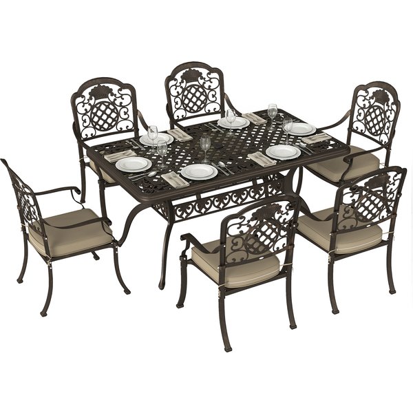 Outsunny Garden Dining Set for 6, Cast Aluminium Outdoor Table and Chairs Set with Cushions, Parasol Hole for Patio, Bronze Tone | Aosom Ireland
