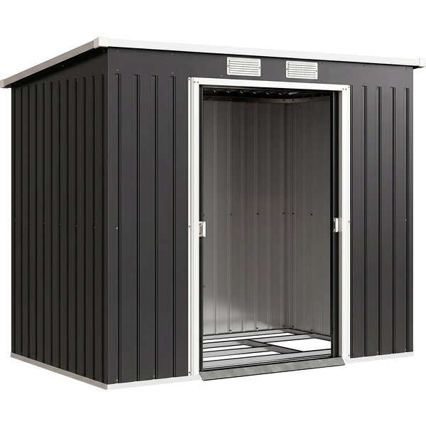 Outsunny Metall Gerätehaus 2,42 m², Geräteschuppen mit Pultdach Abschließbarer Doppelschiebetür Belüftung Bodenrahmen, 213 x 130 x 172 cm, wetterfest Outdoor Gartenhaus für Hinterhof Garten Dunkelgrau Aosom