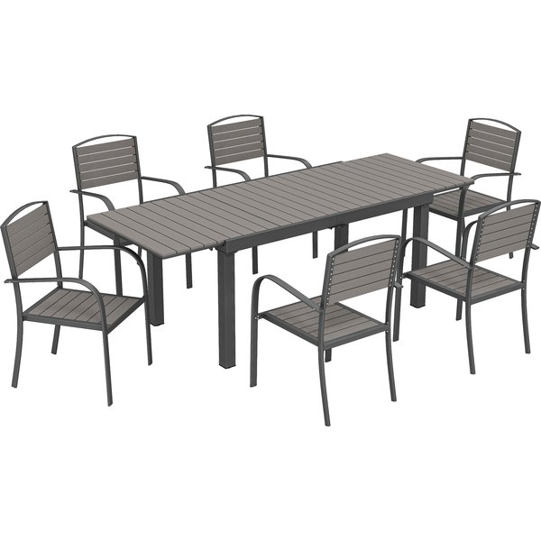 Outsunny Gartenessgruppe, sitzgarnitur garten, 6 Personen, Ausziehbar Tisch mit 6 Stühlen, Holzoptik, Wetterfest, Aluminiumrahmen, Grau Aosom.de