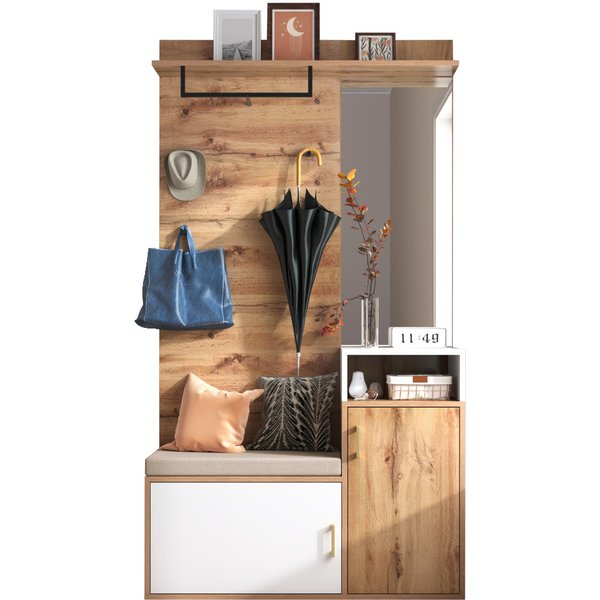 Ensemble Vestiaire Avec Miroir, Banquette, 2 Compartiments à Chaussures, Crochets Et Tringle De Penderie, 105X40X190,5 Cm, Blanc+Couleur Naturelle Aosom Fr-image