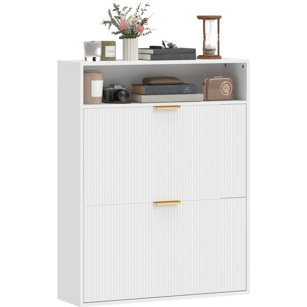 Homcom Armoire à Chaussures éTroite à 2 Compartiments Rabattables Et éTagèRe Pour Couloir Et EntréE, Blanc-image