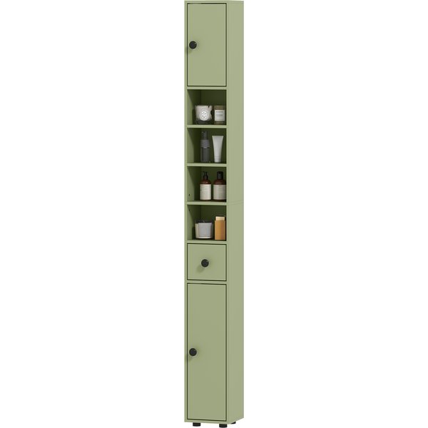 Kleankin Armoire De Salle De Bain éTroite Avec Tiroir Et 4 Compartiments Ouverts Pour Petits Espaces 20 X 20 X 180 Cm Vert-image