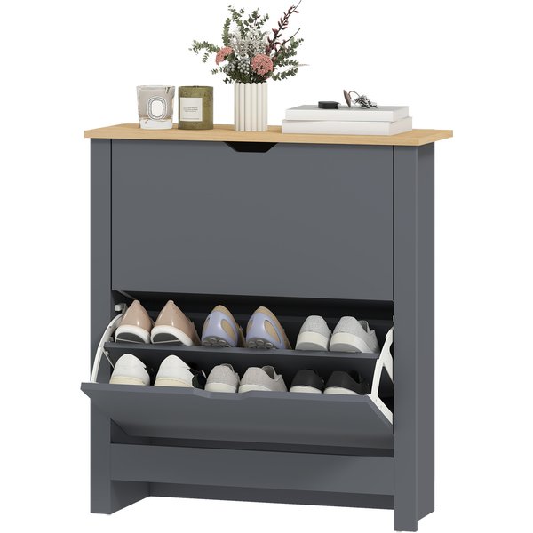 Homcom Armoire à Chaussures à 2 Compartiments Rabattables, Cloison RéGlable Pour 8-12 Paires, 72 X 26 X 80 Cm, Gris Foncé-image