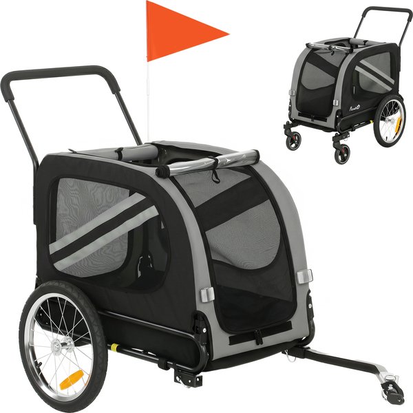 PawHut 2-In-1 Pet Bike Trailer Dog Stroller Pushchair with Universal Wheel Reflector Flag Grey | Aosom Ireland