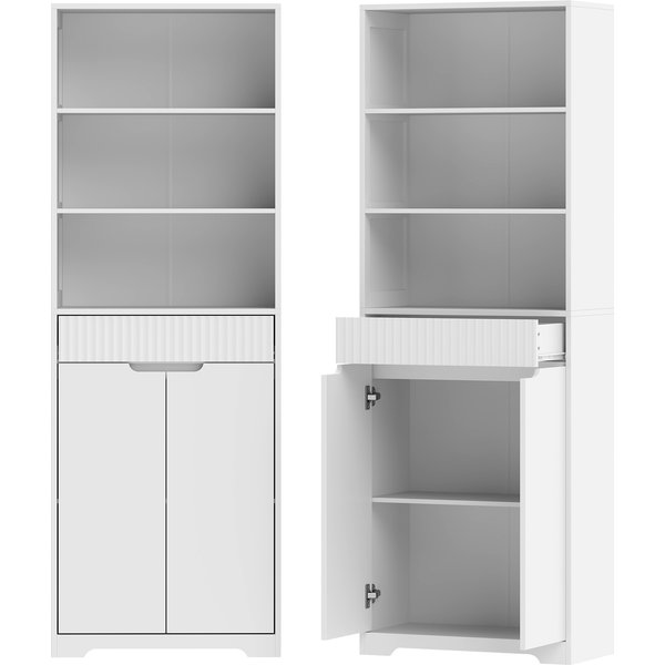 HOMCOM hoher Badezimmerschrank, schmaler Badschrank mit 3 offenen Regalen, geriffelter Schublade, verstellbares Fach und Soft-Close-Türen, für kleine Räume, 60x30x171 cm, Weiß Aosom