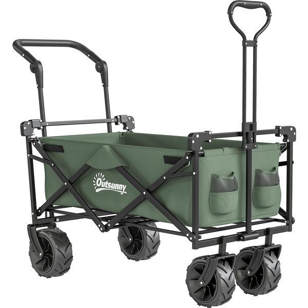Outsunny Folding Trolley Cart Storage Wagon Beach Trailer 4 Wheels with Handle Overhead Canopy Cart Push Pull for Camping, Green | Aosom Ireland