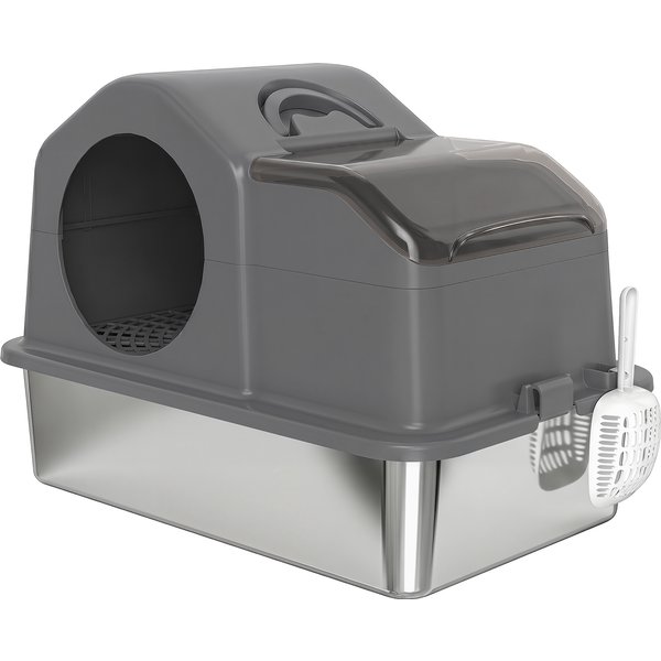 PawHut Geschlossene Katzentoilette XL aus Edelstahl mit Deckel, Katzentoilette 36L mit hohen Wänden, Schaufel, Streustoppmatte, 60.5x40.5x45 cm, Dunkelgrau Aosom