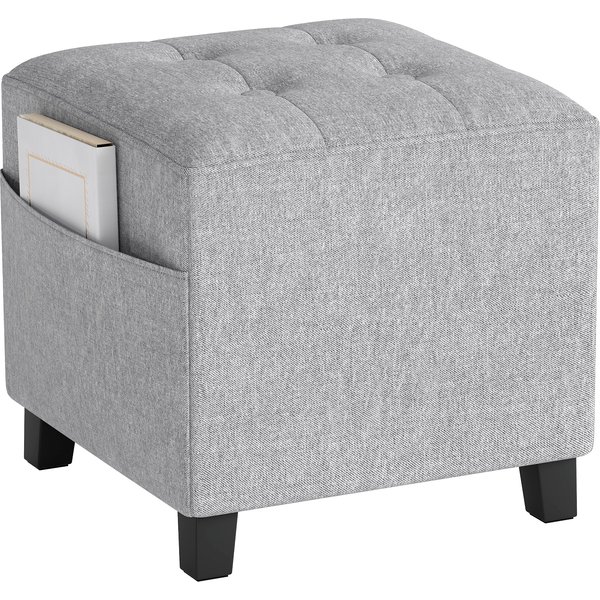 Homcom Pouf Carré, Petit Pouf Avec Poche LatéRale, Repose-Pieds En Tissu Aspect Lin Avec Pieds En Bois D'héVéA, Gris Clair-image