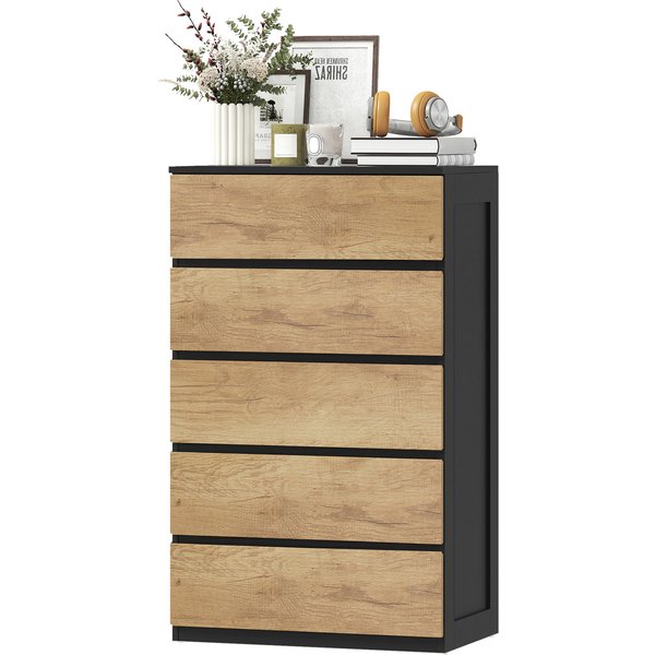 Homcom Commode 5 Tiroirs En Bois Avec GlissièRes MéTalliques Et PoignéEs RainuréEs, 60X39X100 Cm-image