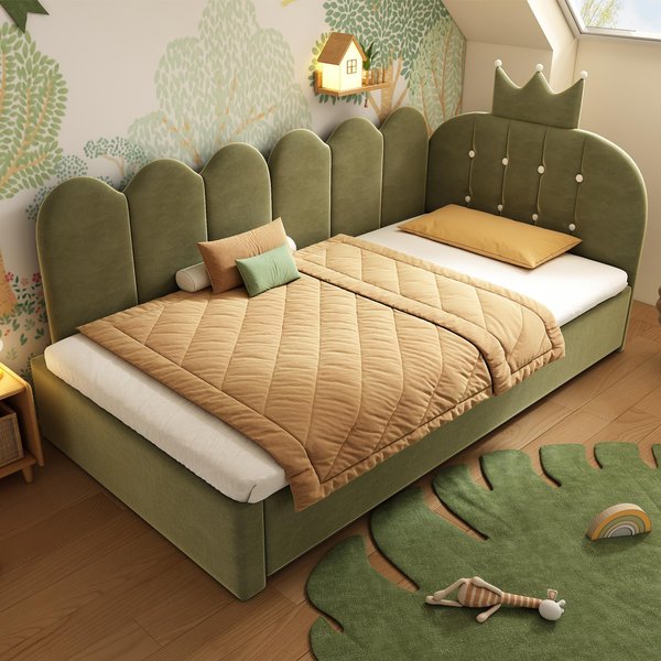 Upholstered Daybed with Pull-Out Trundle and Lattice Detail, Crown-Headboard Kids Bed with Metal Slatted Frame, 194L x 98W x 95H cm, Green Aosom UK