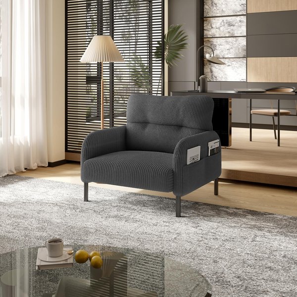 Corduroy Single-Seater Armchair with High-Density Foam Cushion, Ergonomic Wide Seat with Storage Pockets, 67L x 75W x 79H cm, Gray Aosom UK