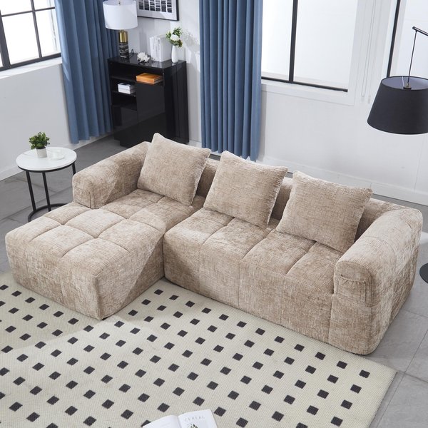 Oversized Modular L-Shaped Sofa with Deep-Seated Sleeper Design, Plush Sectional Sofa with Hidden Side Pockets, 250L x 158W x 60H cm, Khaki Aosom UK