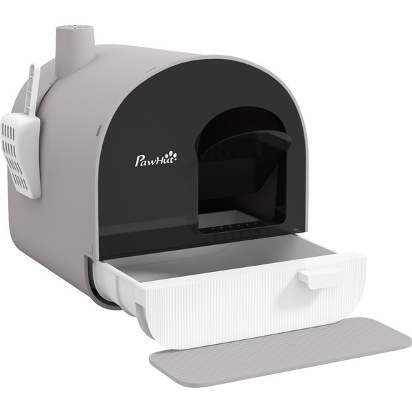 PawHut Hooded Cat Litter Box, Kitten Litter Tray, with Lid, Scoop, Filter, Flap Door, Light Grey | Aosom Ireland