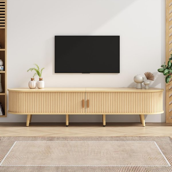 Minimalist TV Stand with Oval Top and Rounded Corners, Light Oak TV Cabinet with Solid Wood Legs, 175L x 40W x 40H cm, Oak Aosom UK