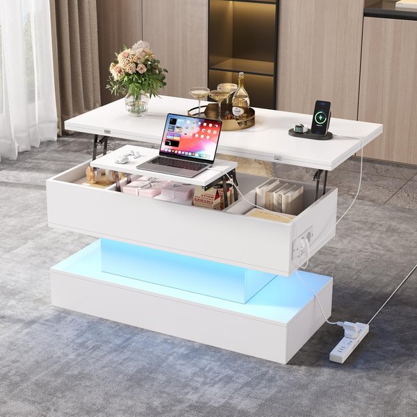 Multifunctional Coffee Table with Integral Power Outlet, Modern Center Table with App-Controlled LED Light, 100L x 50W x 51.5H cm, White Aosom UK