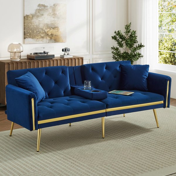 Two-Seater Convertible Sofa Bed with Adjustable Backrest, Space-Saving Sleeper Sofa with High-Density Foam, 174L x 76W x 71.5H cm, Blue Aosom UK