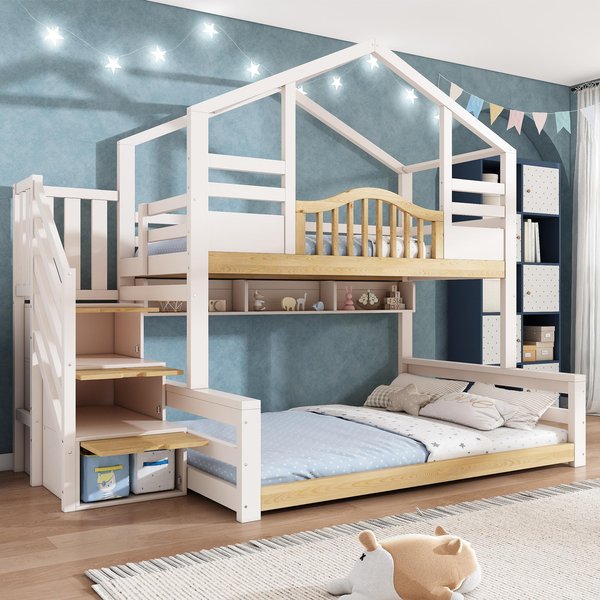 House-Shaped Bunk Bed with Staircase Storage, Space-Saving Kids Bed with Integrated Shelves, 244L x 140W x 206H cm, White+Natural Aosom UK