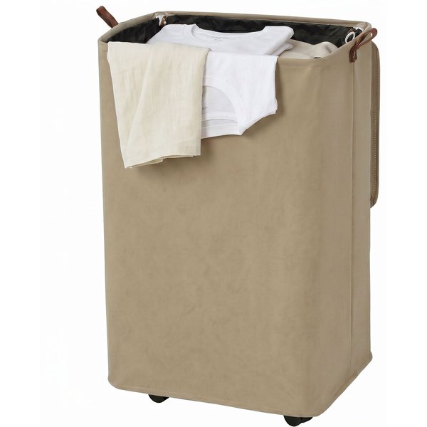 Homcom Panier à Linge Avec Couvercle Et Roulettes 50L Panier à Linge Pliable Avec Sac à Cordon Amovible 40X30X65 Cm Camel-image