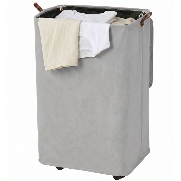 Homcom Panier à Linge Avec Couvercle Et Roulettes 50 L Panier Pliable Avec Sac à Cordon Amovible 40X30X65 Cm Gris-image