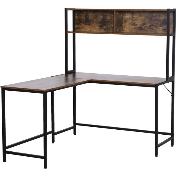 HOMCOM Industrial L-Shaped Work Desk & Storage Shelf Steel Frame Adjustable Feet Corner Workstation Home Office Study Stylish Brown Black | Aosom Ireland