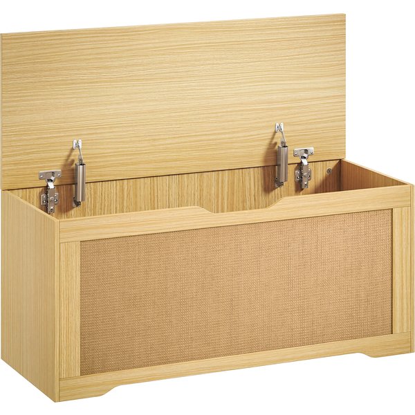 HOMCOM Stauraumtruhe 108 L, Aufbewahrungsbank mit Rattan-Front, Klappdeckel mit Stützarm, Grifflose Optik, für Flur, Diele, Schlafzimmer, Wohnzimmer, 80x40x45 cm, Eiche Aosom