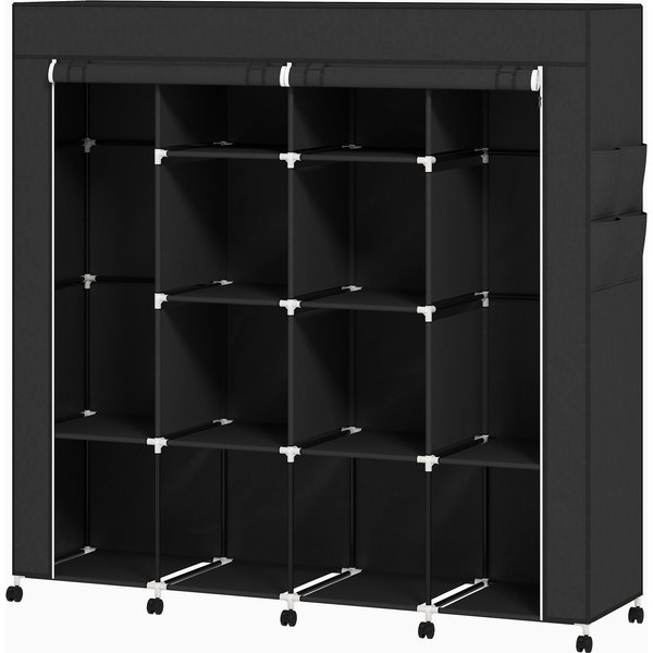 HOMCOM Stoff-Kleiderschrank, mobiler Aufbewahrungsschrank mit 10 Rollen und 10 Fächern, Kleiderstangen, staubgeschützte Abdeckung, aufrollbare Türen, Stahlgestell, 166x42,5x167cm, schwarz Aosom