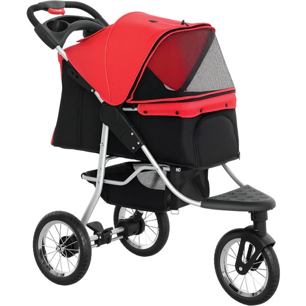 PawHut Luxury Folding Pet Stroller Dog/Cat Travel Carriage with Wheels Adjustable Canopy Zippered Mesh Window Door Red and Black | Aosom Ireland