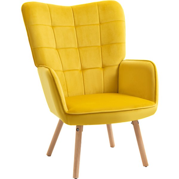 Modern Accent Chair HOMCOM Velvet-Touch Tufted Wingback Armchair Upholstered Leisure Lounge Sofa Club Chair with Wood Legs, Yellow | Aosom Ireland
