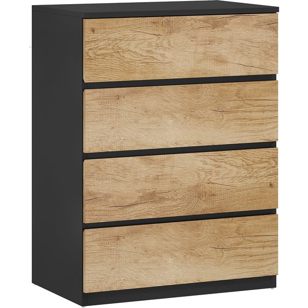 Homcom Commode 4 Tiroirs En Bois Avec Rails MéTalliques Et PoignéEs RainuréEs, 60X40X80 Cm, Noir Et ChêNe-image