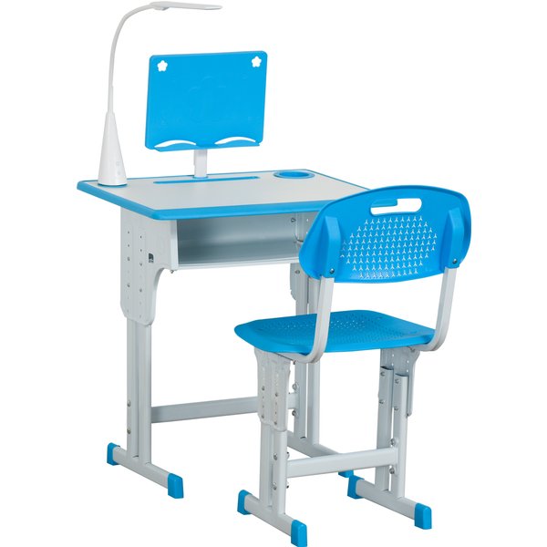 HOMCOM Kids Desk and Chair Set Adjustable Height Study Table Set with Drawer, Book Stand, Pen Slot - Blue | Aosom Ireland