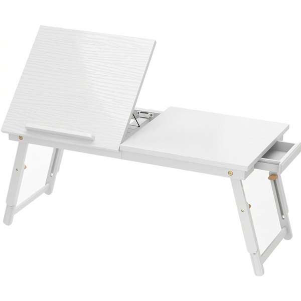 HOMCOM klappbarer und höhenverstellbarer Betttisch, Laptop-Ablage mit neigbarer Platte, Schublade, Betttisch aus Bambus, 83,5l x 33P x 23,5-34H cm, weiß Aosom