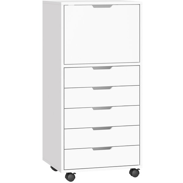 Homcom Caisson De Bureau 5 Tiroirs, Roulettes Et Armoire Avec Fermeture Douce, Support Pour Imprimante, Blanc-image