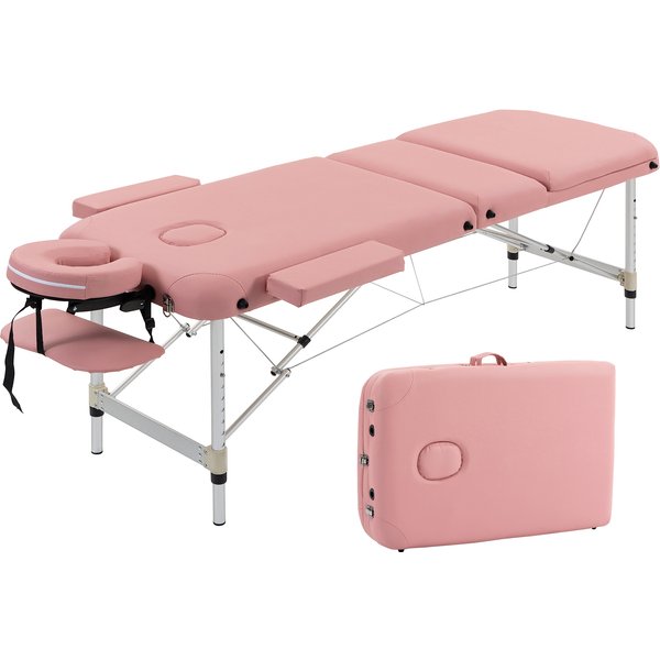 Homcom Table De Massage Pliante En Aluminium Avec Hauteur RéGlable 3 Zones Appui-TêTe Amovible Housse De Transport Rose-image