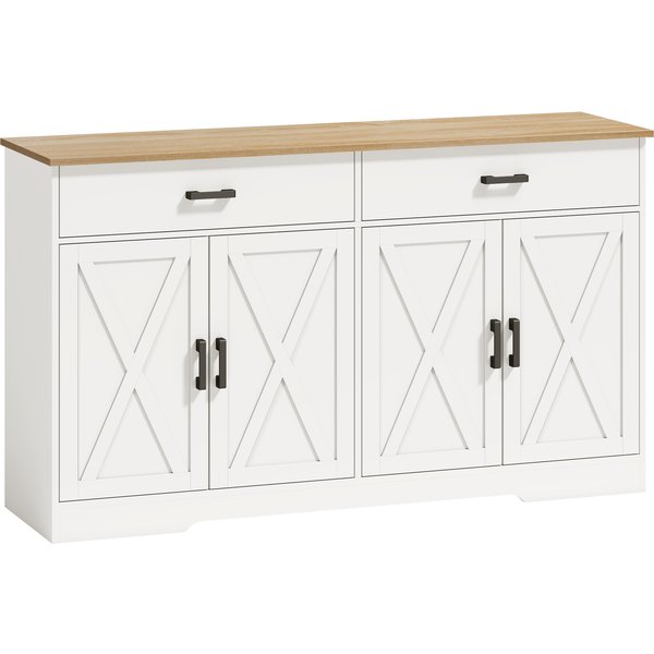 Homcom Buffet 140 Cm Style Ferme, Armoire De Cuisine Avec 2 Tiroirs Et 2 Portes, Blanc-image